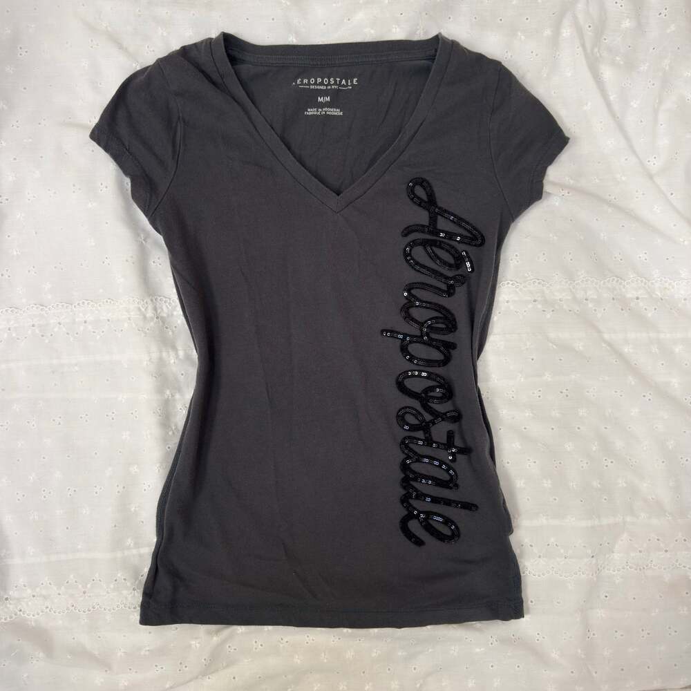 Aeropostale V-Neck Tee Y2K Vintage Gray Sequin Script M